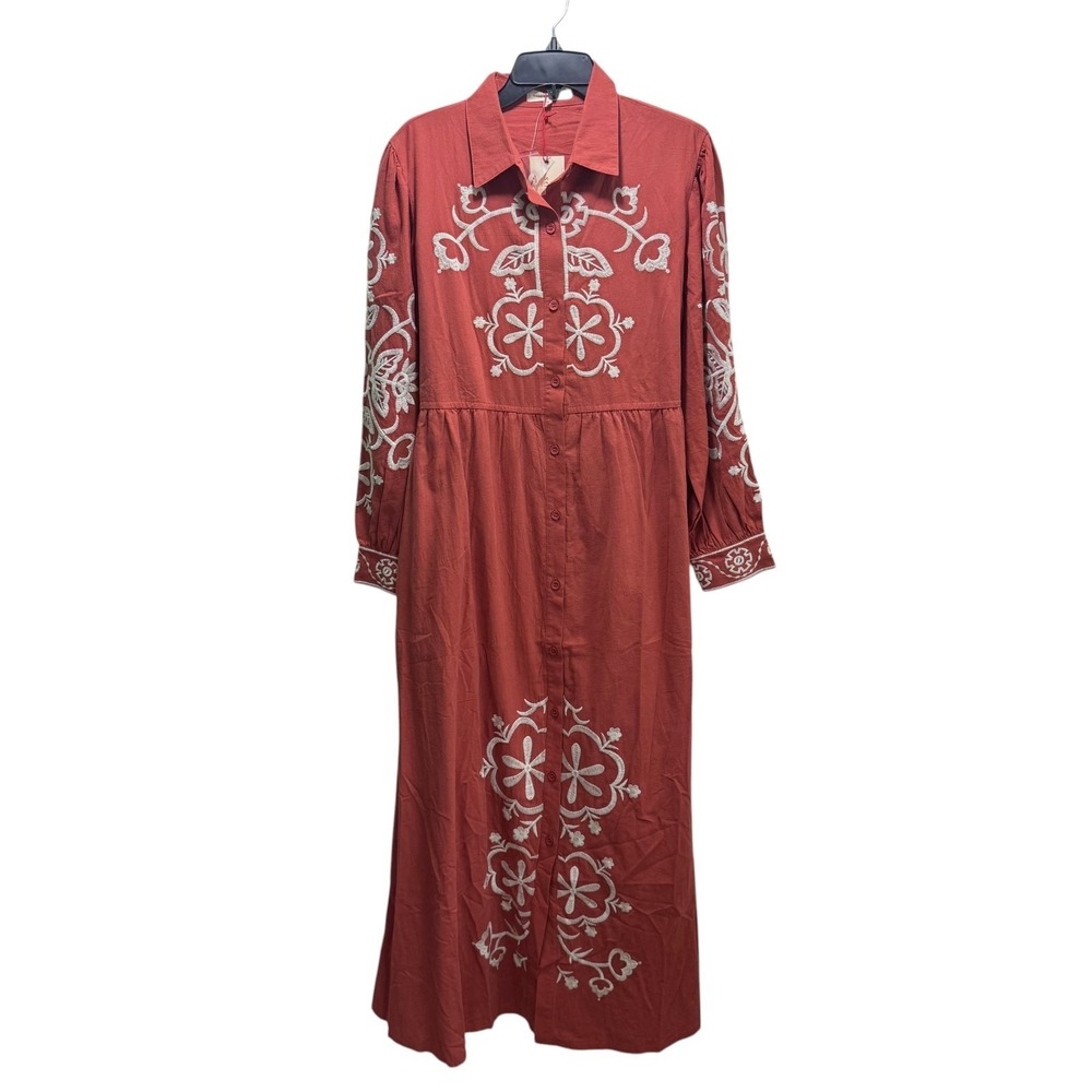 Boho Chic New Western Rodeo Modest Rust Long Sleeve Embroidered Maxi Dress M - Picture 2 of 12